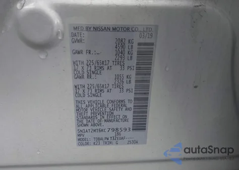2019 Nissan Rogue S z USA, uszkodzony, nr VIN 5N1AT2MT6KC798593